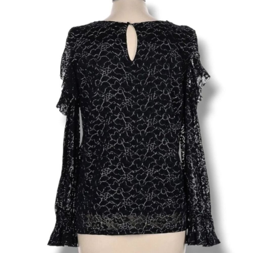 CAROLINA BELLE Women’s Black Lace Long Sleeve Blouse Size M Metallic Floral Shee - Picture 2 of 6